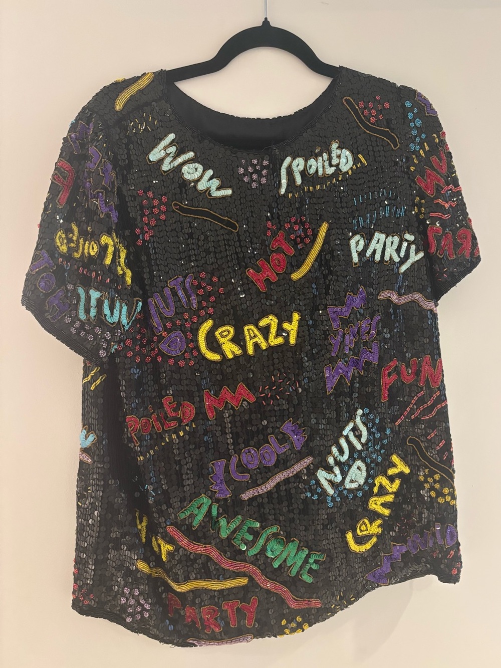 Vintage 80s-90s unique Black Sequin Graphic Party Top novelty large